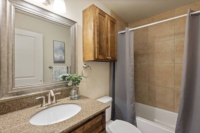 bathroom featuring shower / bathtub combination with curtain, toilet, and vanity