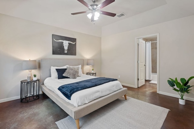 bedroom featuring visible vents, ensuite bathroom, finished concrete flooring, baseboards, and ceiling fan