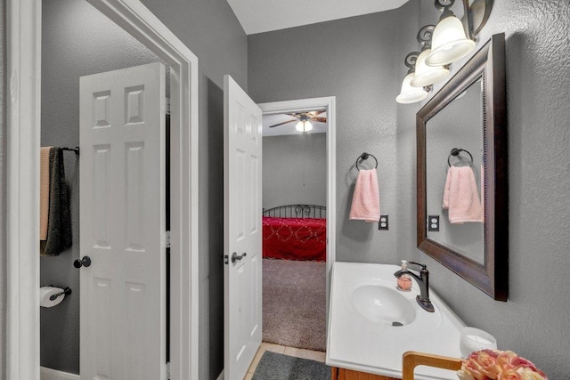 2157 Paradise Ridge Dr, Round Rock, TX 78665 - bathroom with vanity, a ceiling fan, and a textured wall