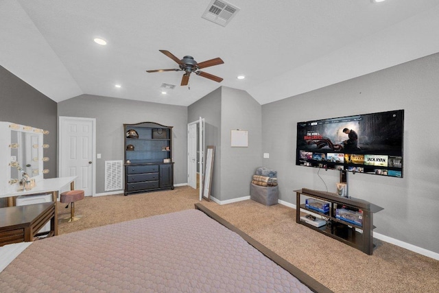 2157 Paradise Ridge Dr, Round Rock, TX 78665 - carpeted bedroom with vaulted ceiling, baseboards, recessed lighting, and ceiling fan