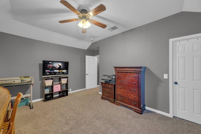 bedroom featuring visible vents, baseboards, carpet, and vaulted ceiling