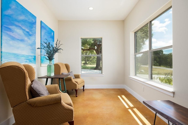 living area with light carpet, recessed lighting, a healthy amount of sunlight, and baseboards