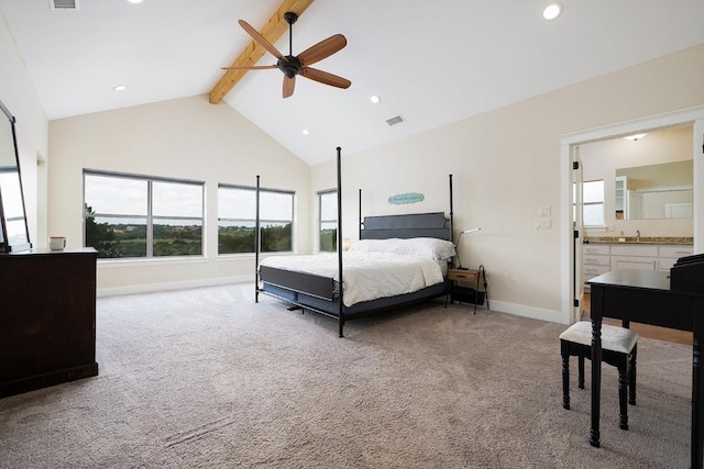 bedroom with visible vents, beam ceiling, high vaulted ceiling, carpet floors, and baseboards