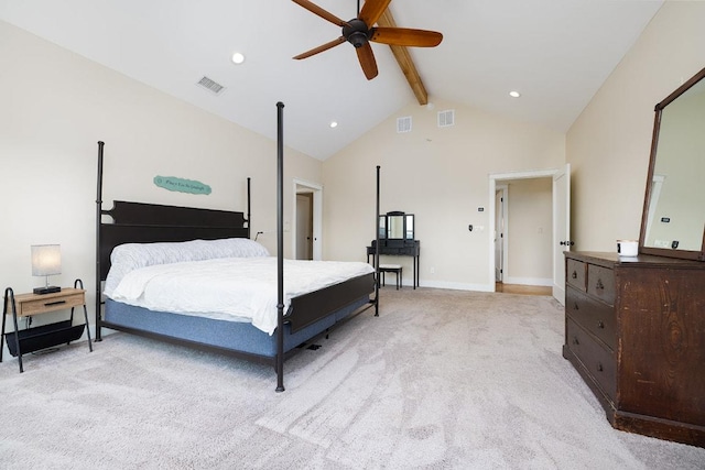 bedroom with beam ceiling, light colored carpet, visible vents, and high vaulted ceiling