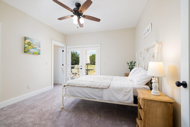 carpeted bedroom with access to exterior, ceiling fan, french doors, and baseboards