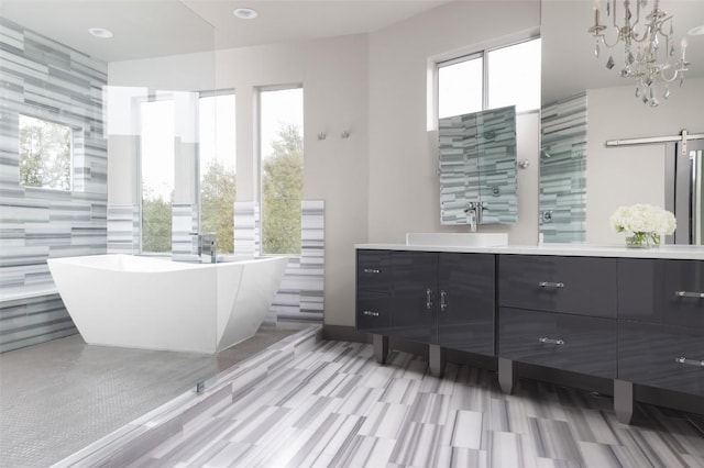 full bath with vanity and a freestanding tub