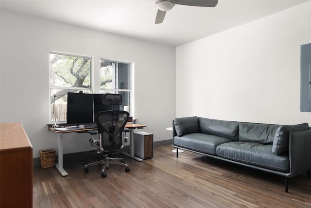 office featuring wood finished floors and ceiling fan