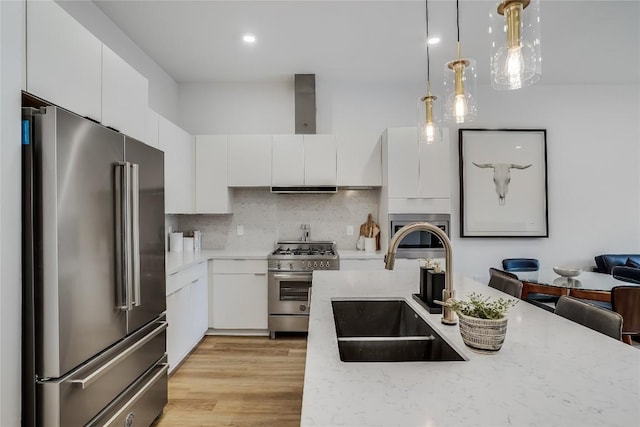 kitchen featuring white cabinets, high quality appliances, backsplash, and a sink