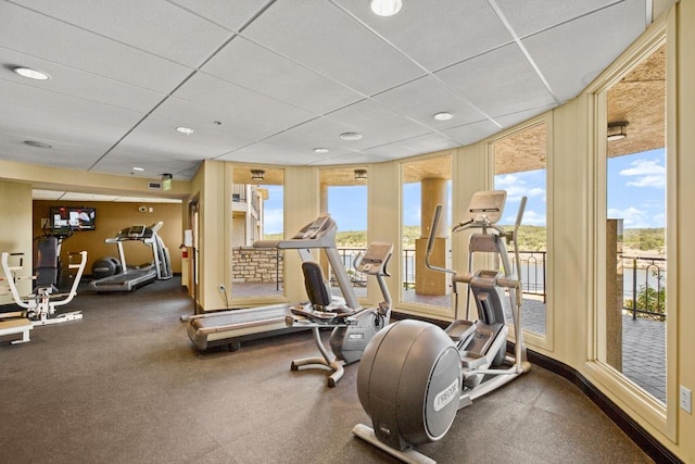 workout area with plenty of natural light, a wall of windows, and a paneled ceiling