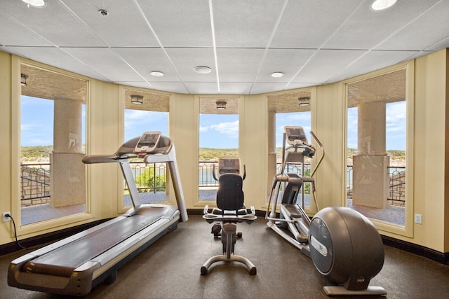 workout room featuring a wealth of natural light, a drop ceiling, and expansive windows