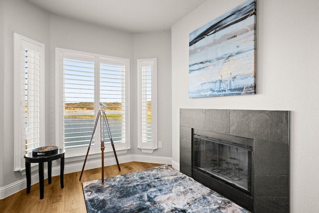 living area with a fireplace, baseboards, and wood finished floors