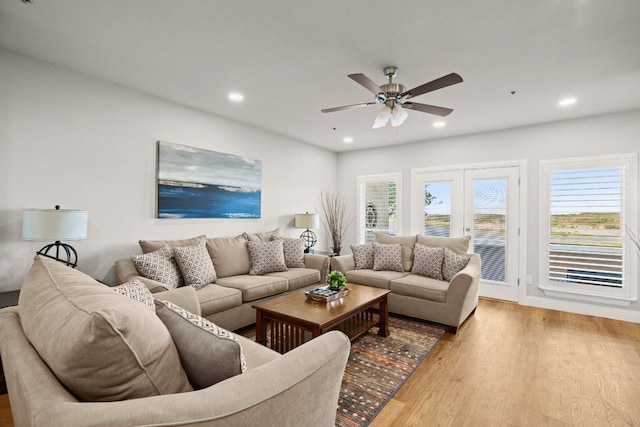 living room with recessed lighting, french doors, wood finished floors, and ceiling fan