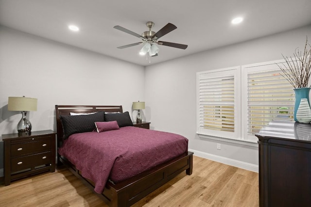 bedroom featuring recessed lighting, baseboards, light wood-style floors, and a ceiling fan