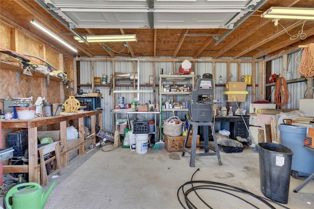 garage with a workshop area