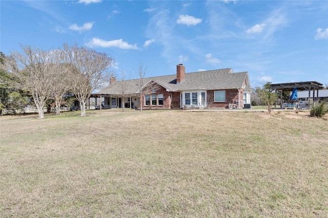 681 Leisure Ln, Cedar Creek, TX 78612 - ranch-style home featuring a detached carport, brick siding, a front lawn, a chimney, and a pergola