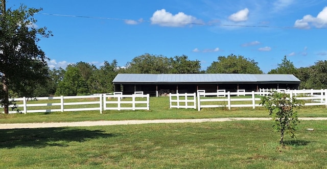 view of stable with a rural view