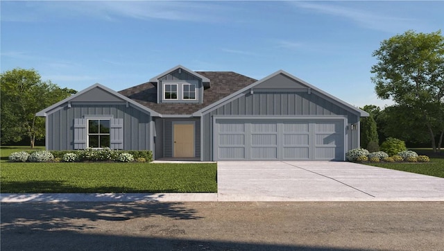 view of front of house with an attached garage, board and batten siding, a front lawn, and a shingled roof