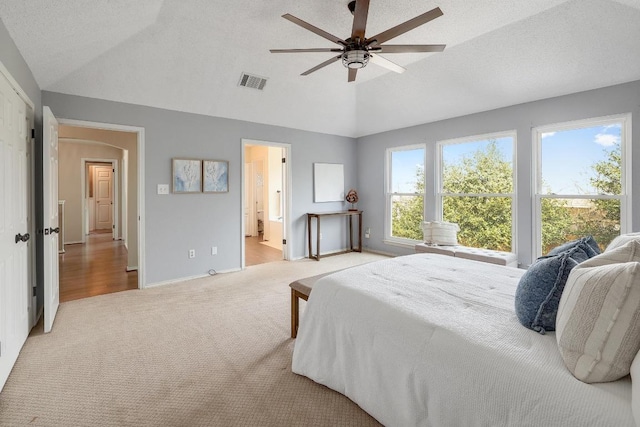 bedroom with visible vents, lofted ceiling, a textured ceiling, carpet floors, and baseboards