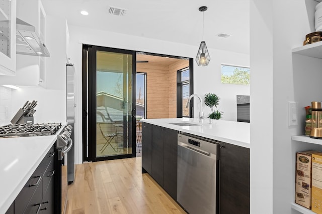 kitchen with modern cabinets, stainless steel appliances, light countertops, and a sink