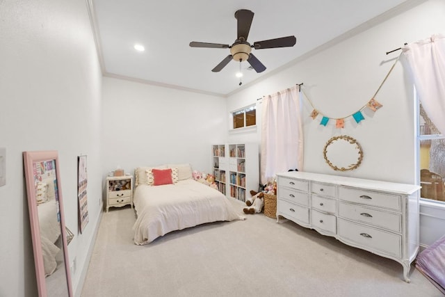 bedroom with light carpet, recessed lighting, ceiling fan, and ornamental molding