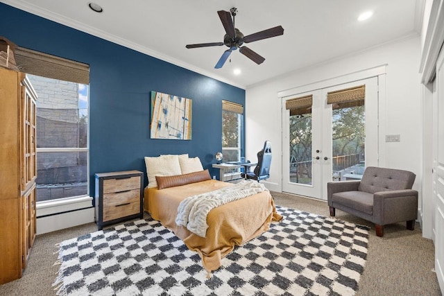 carpeted bedroom featuring access to exterior, ornamental molding, recessed lighting, french doors, and a ceiling fan