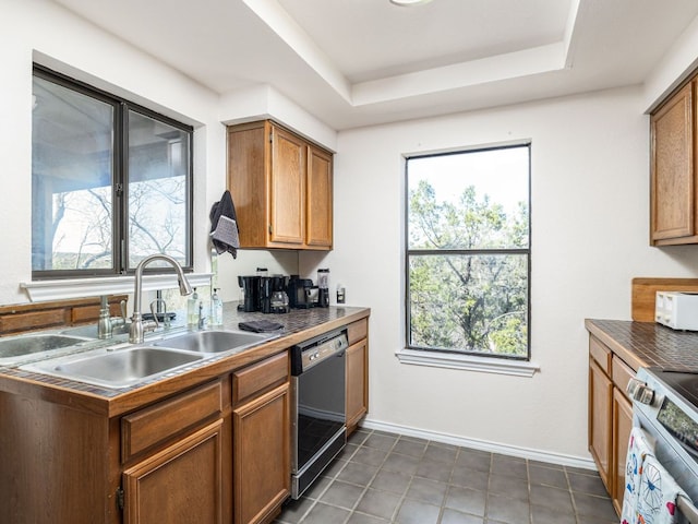 8200 Neely Dr Unit 251, Austin, TX 78759 - kitchen with black dishwasher, stainless steel range with electric cooktop, a sink, a tray ceiling, and dark tile patterned floors