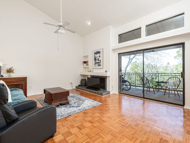 8200 Neely Dr Unit 251, Austin, TX 78759 - living area featuring high vaulted ceiling, a ceiling fan, baseboards, a tile fireplace, and recessed lighting