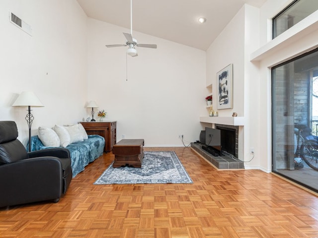 8200 Neely Dr Unit 251, Austin, TX 78759 - living area featuring high vaulted ceiling, a fireplace, a ceiling fan, baseboards, and recessed lighting