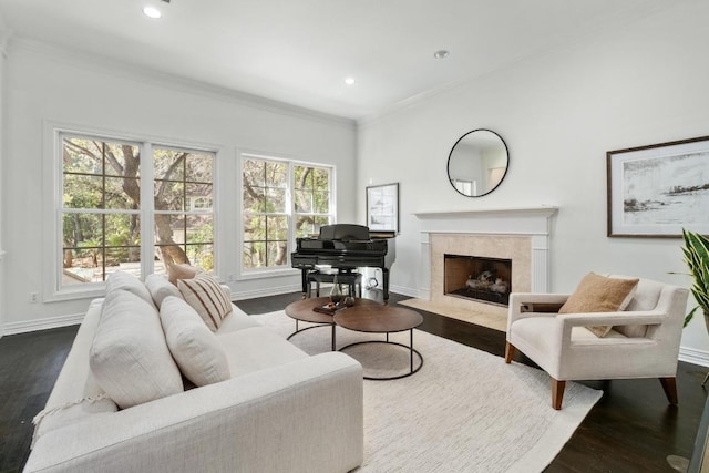 living room with a premium fireplace, crown molding, baseboards, and dark wood-style flooring