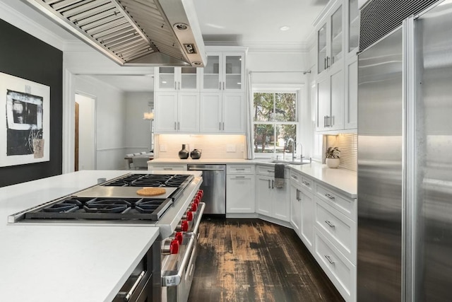 kitchen featuring ornamental molding, range hood, white cabinetry, light countertops, and high end appliances