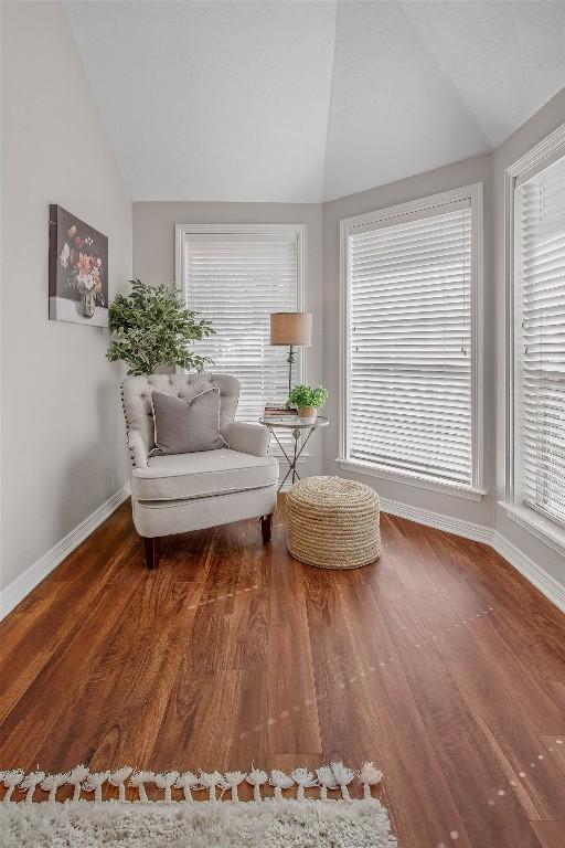 living area featuring wood finished floors, baseboards, and vaulted ceiling