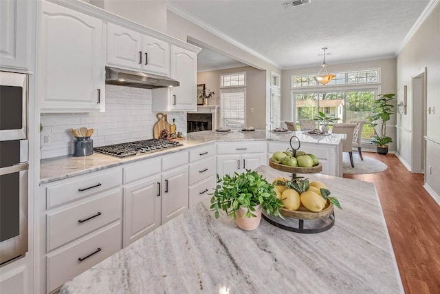 kitchen with under cabinet range hood, backsplash, appliances with stainless steel finishes, and ornamental molding