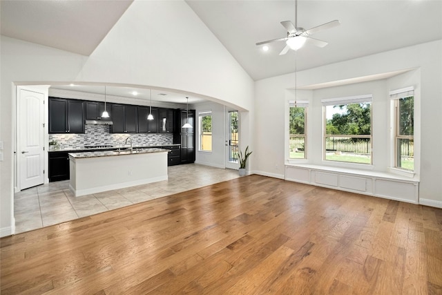 kitchen with light wood finished floors, dark cabinets, an island with sink, arched walkways, and open floor plan