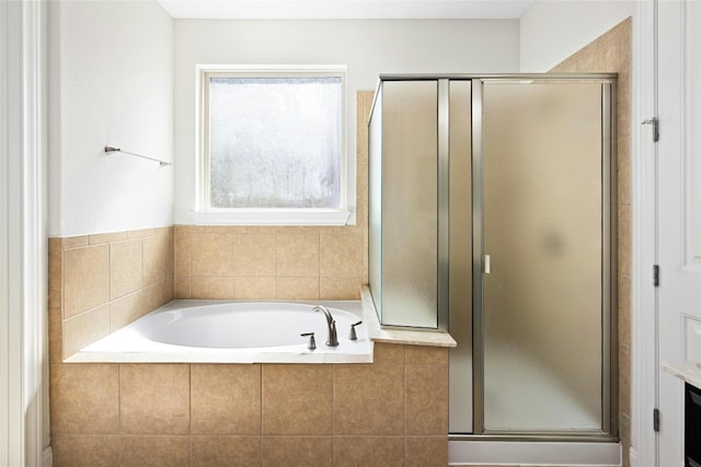 bathroom with vanity, a garden tub, and a shower stall