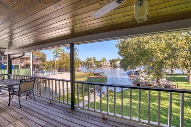 wooden deck with fence, a lawn, and a water view