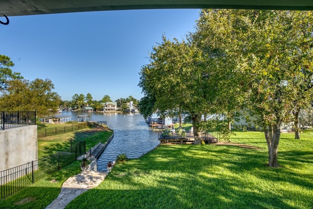 property view of water featuring a dock and fence