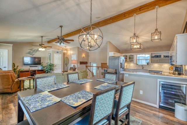 dining room with lofted ceiling with beams, wine cooler, and dark wood-style flooring