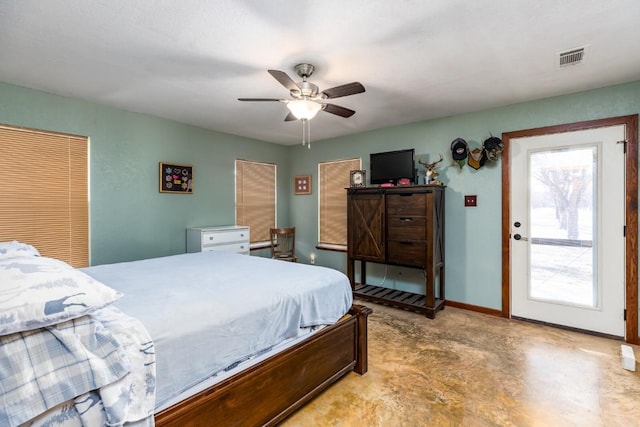 bedroom with visible vents, ceiling fan, and baseboards