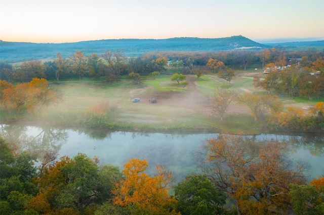 birds eye view of property featuring a water and mountain view