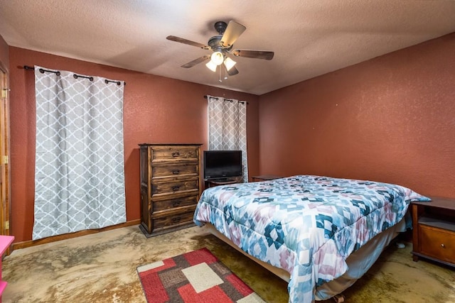 carpeted bedroom featuring baseboards, a textured ceiling, ceiling fan, and a textured wall