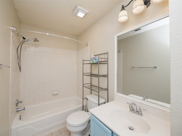 bathroom with vanity, visible vents, a textured ceiling, toilet, and shower / bathtub combination