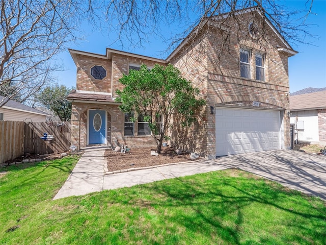 view of front of house featuring a front yard, fence, concrete driveway, a garage, and brick siding