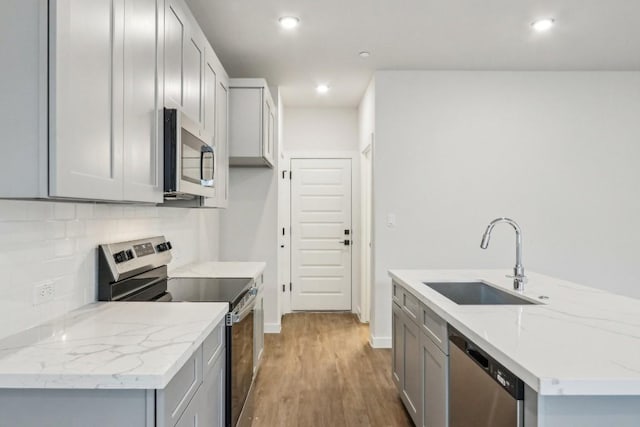 kitchen featuring gray cabinets, a sink, wood finished floors, stainless steel appliances, and decorative backsplash