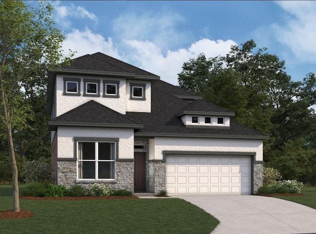 view of front of house featuring a shingled roof, stucco siding, a front lawn, concrete driveway, and a garage