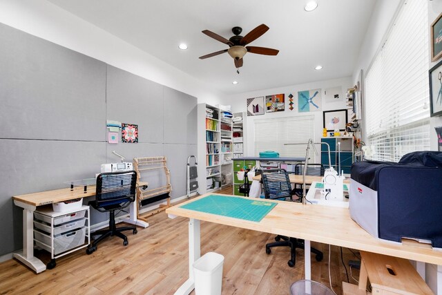 office with recessed lighting, a ceiling fan, and wood finished floors