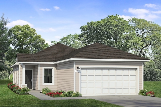 view of front facade featuring an attached garage, a front yard, driveway, and roof with shingles