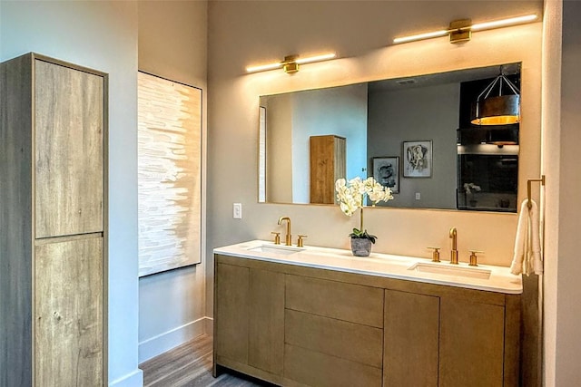 bathroom featuring a sink, baseboards, wood finished floors, and double vanity