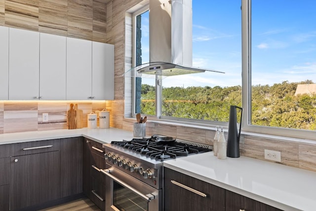 kitchen with high end stove, range hood, white cabinetry, dark brown cabinetry, and light countertops