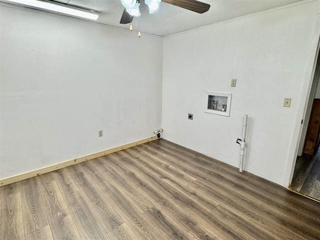 laundry area featuring ceiling fan, wood finished floors, hookup for an electric dryer, hookup for a washing machine, and laundry area