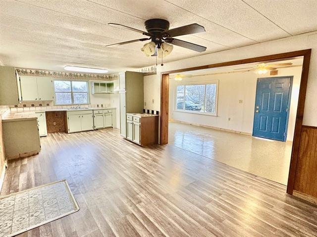 kitchen featuring a wealth of natural light, light wood-type flooring, a sink, and light countertops